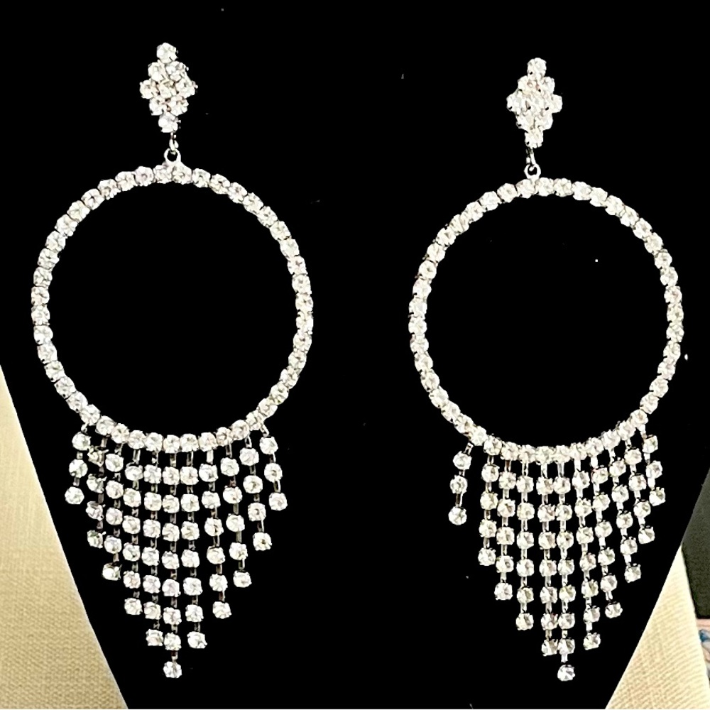 Rhinestone Hoop Tassel Drop Pierced Earrings In Silver Tone